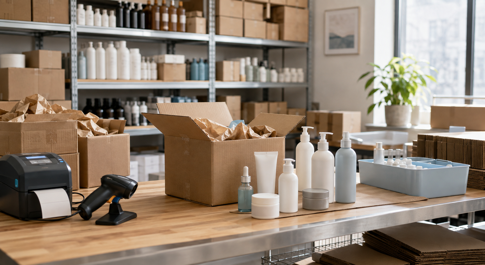 An organized e-commerce fulfillment workspace with unbranded personal care products and shipping supplies